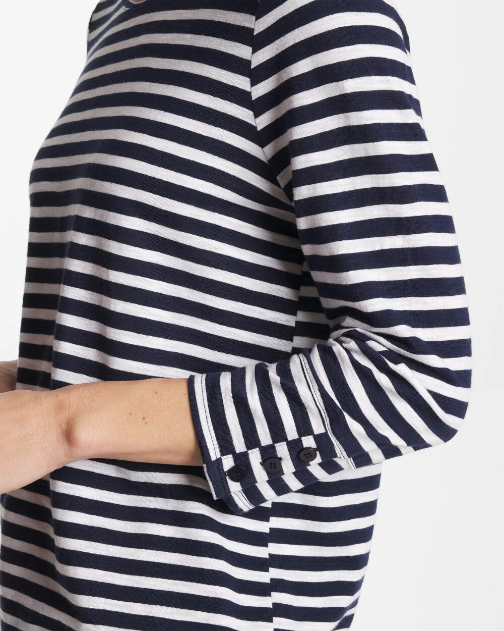 Striped Cotton Slub 3/4 Sleeve Button Tee