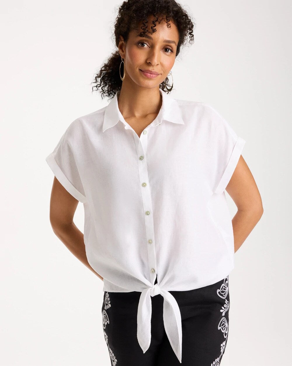 No Iron Linen Tie-Front Cap Sleeve Shirt