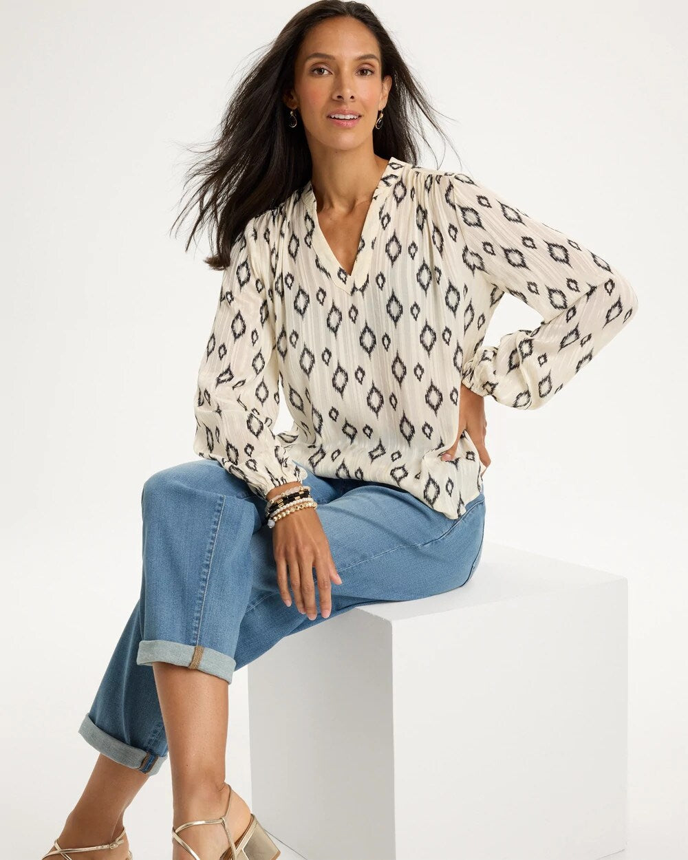 Satin Diamond Print Long Sleeve Blouse