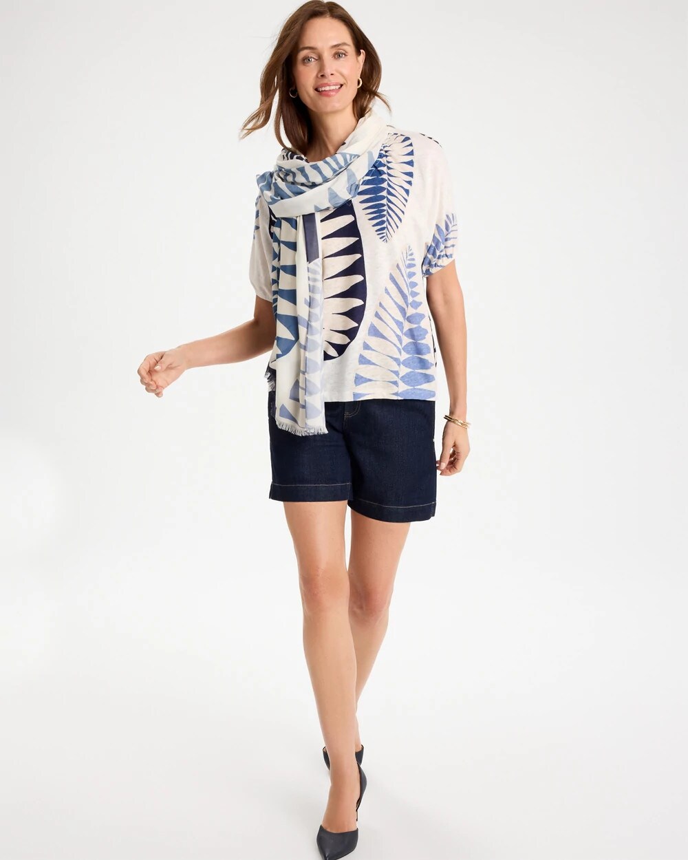 Leaf Print Linen Ruched V-Neck Tee