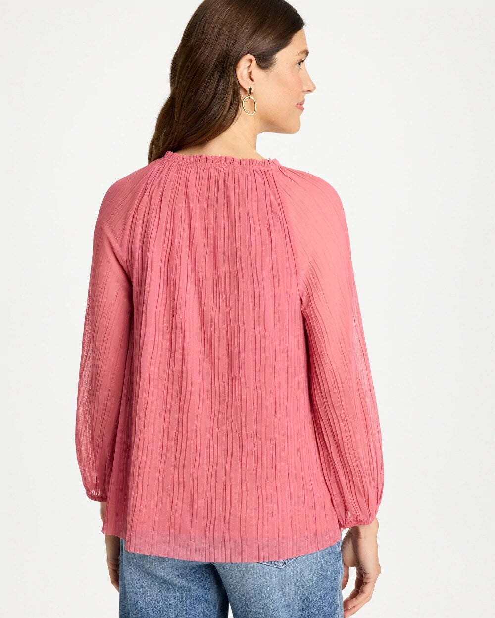Crinkle Mesh Ruffle Neck Top