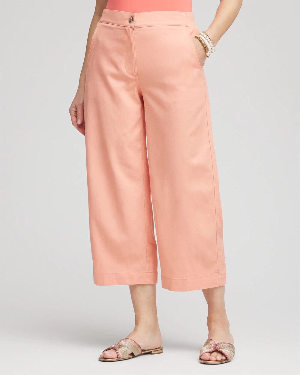 Ribbed Waist Linen Blend Straight-Leg Cropped Pants