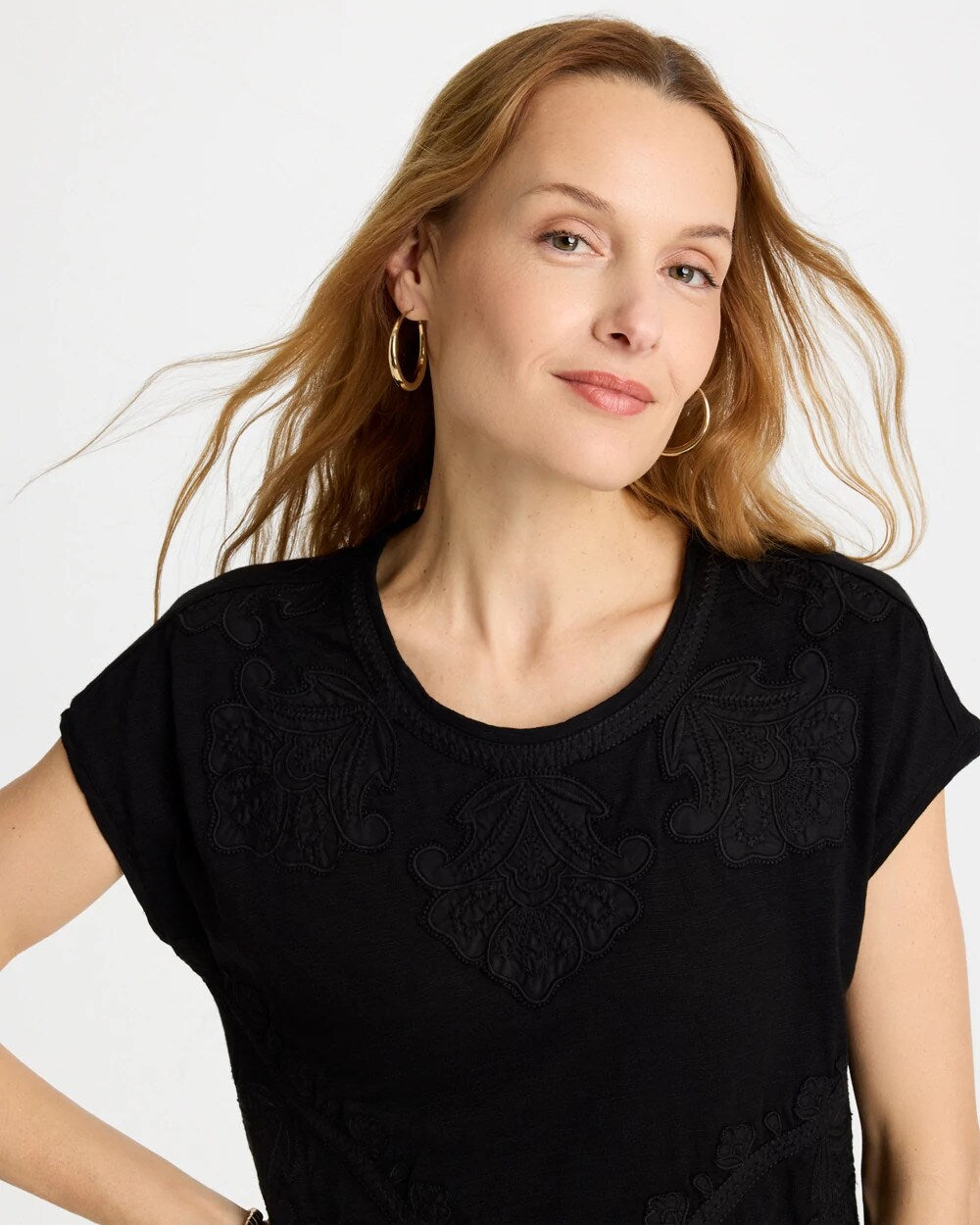 Monochrome Embroidered Cap-Sleeve Tee