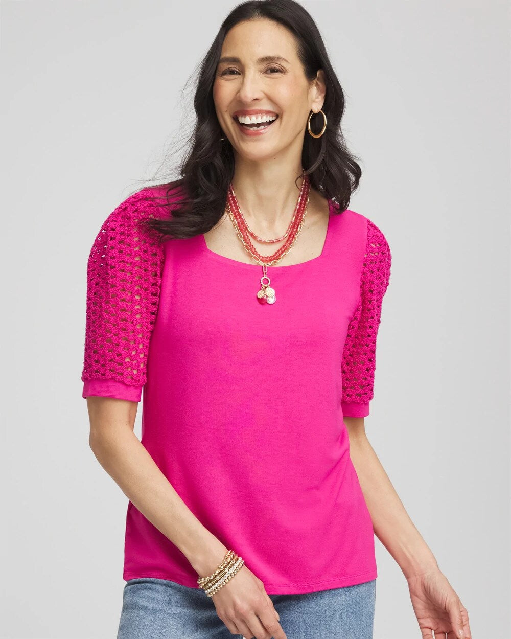 Touch of Cool Crochet Lace Square-Neck Tee