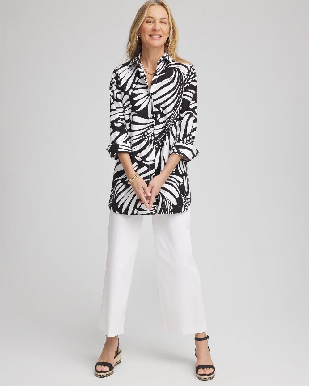 No Iron Printed Palms Button Down Tunic