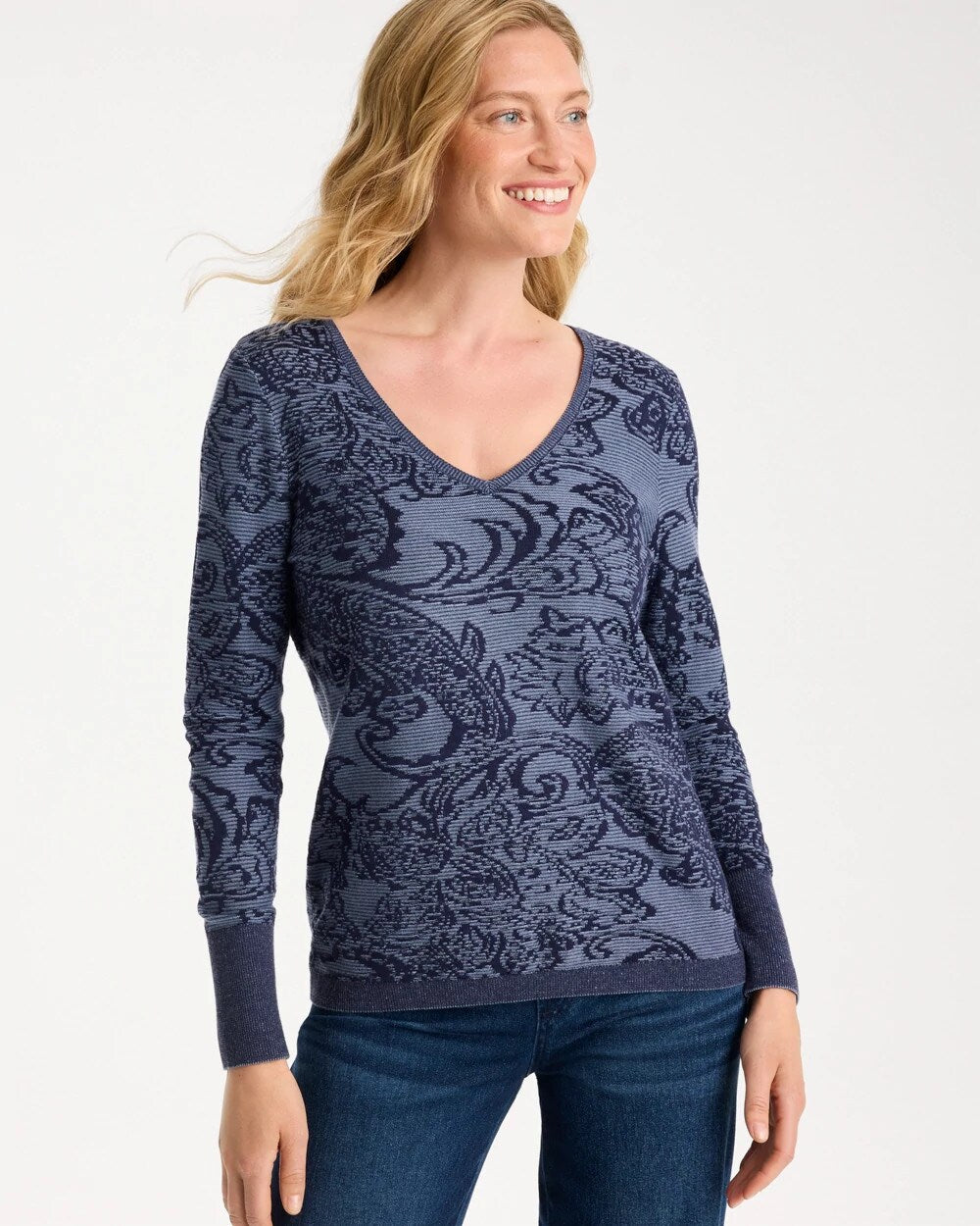 Ella Jacquard V-Neck Pullover Sweater
