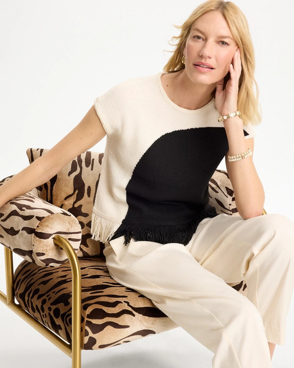 Colorblock Intarsia Fringed Sweater