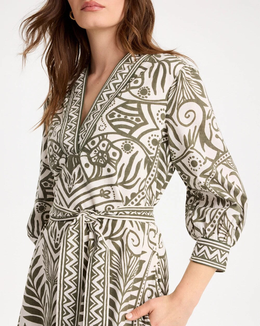Printed Cotton-Linen Belted Dress