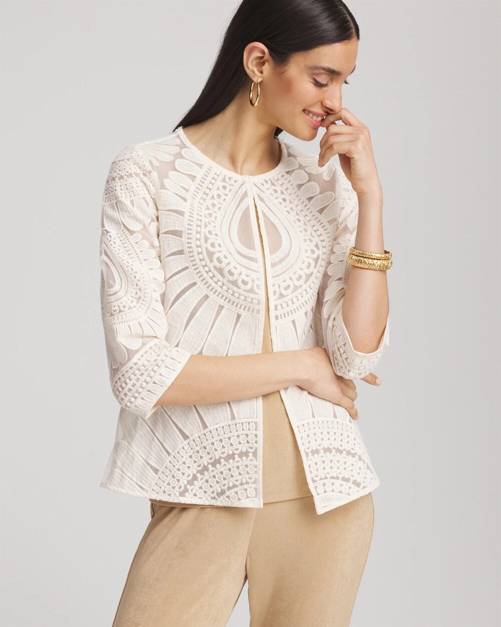 Travelers Collection Embroidered 3/4 Sleeve Jacket