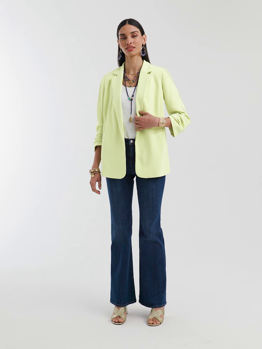 Notched-Lapel Ruched Sleeve Blazer