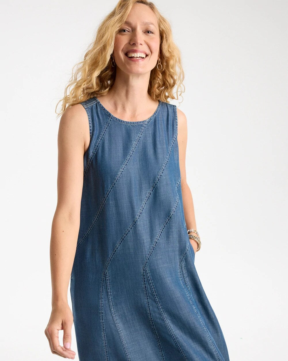 Denim Godet Sleeveless Dress