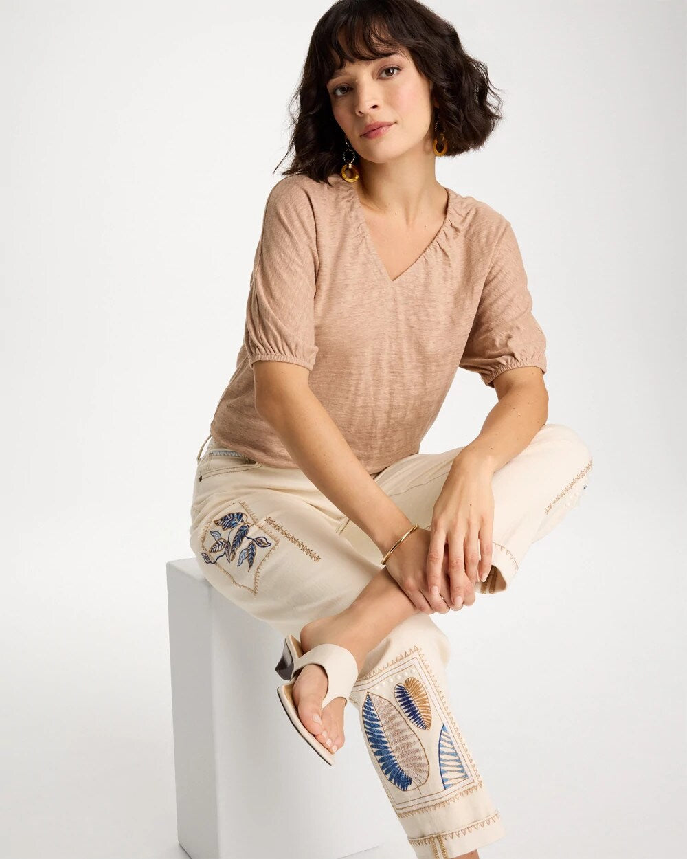 Linen Ruched V-Neck Tee