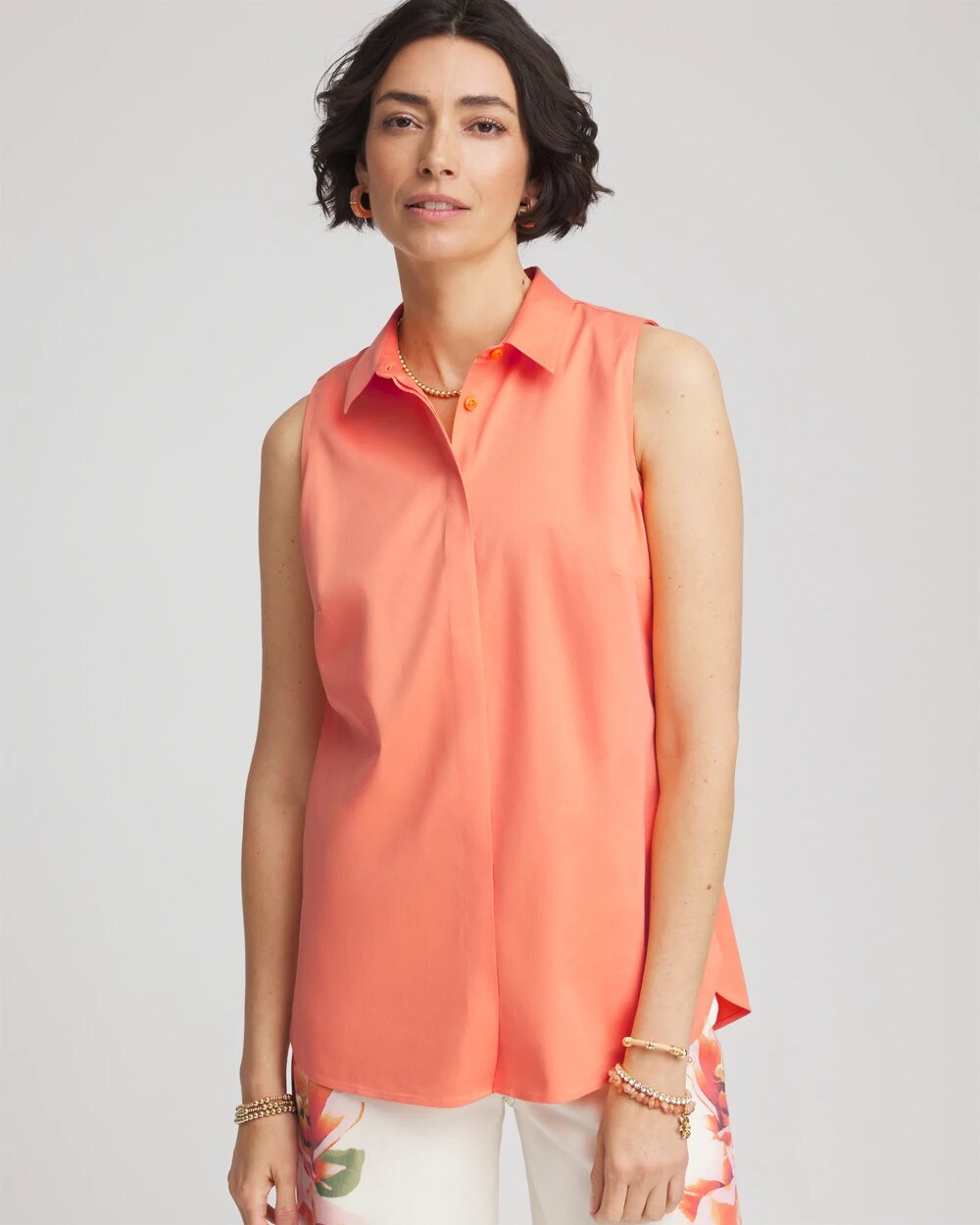 No Iron Sleeveless Sateen-Stretch Shirt