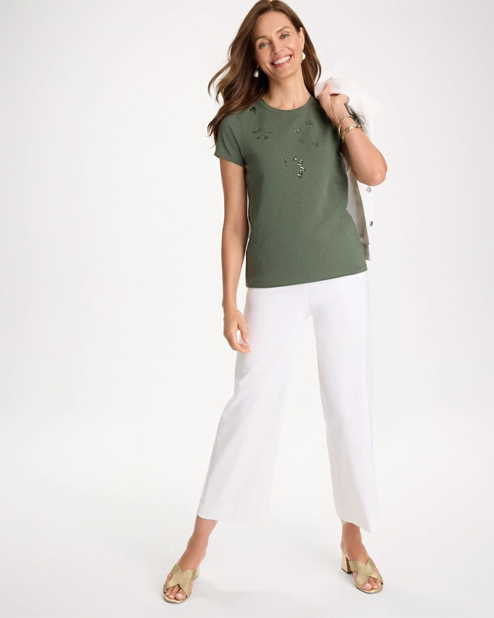 Embellished Cotton Stretch Cap-Sleeve Tee
