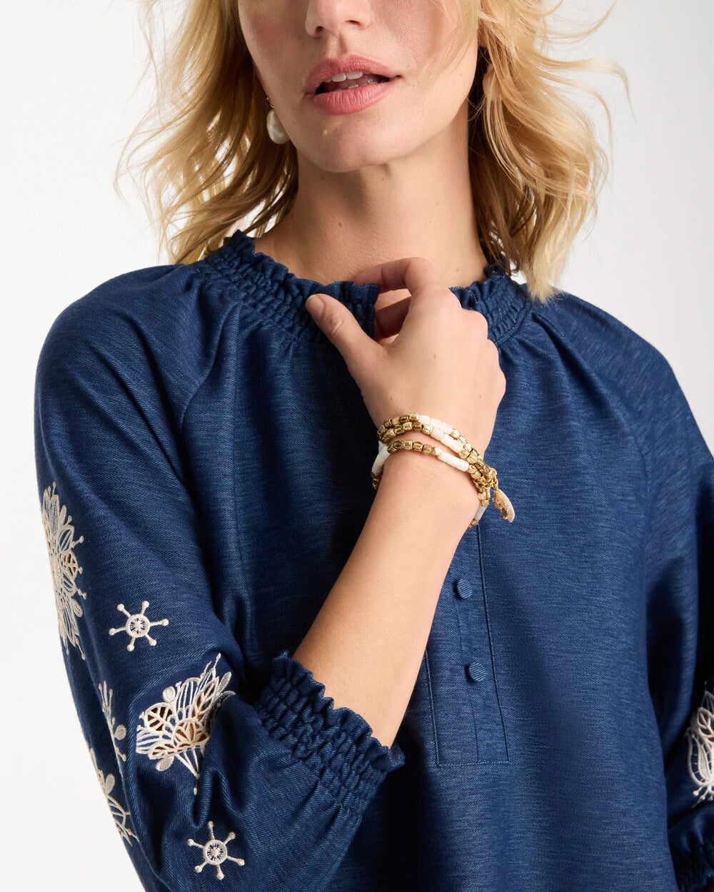 Embroidered Denim Henley Tee