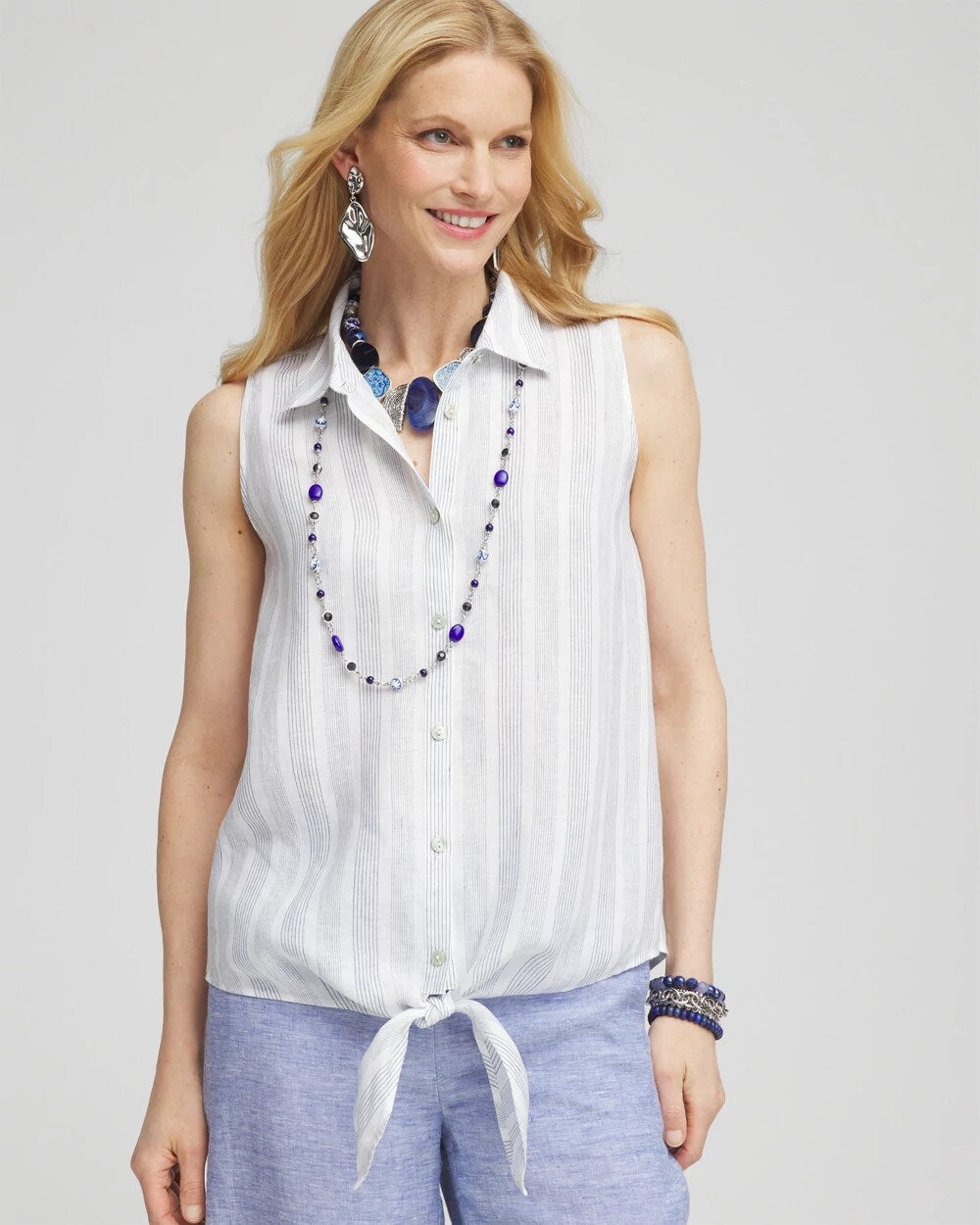 No Iron Linen Tie-Front Sleeveless Shirt