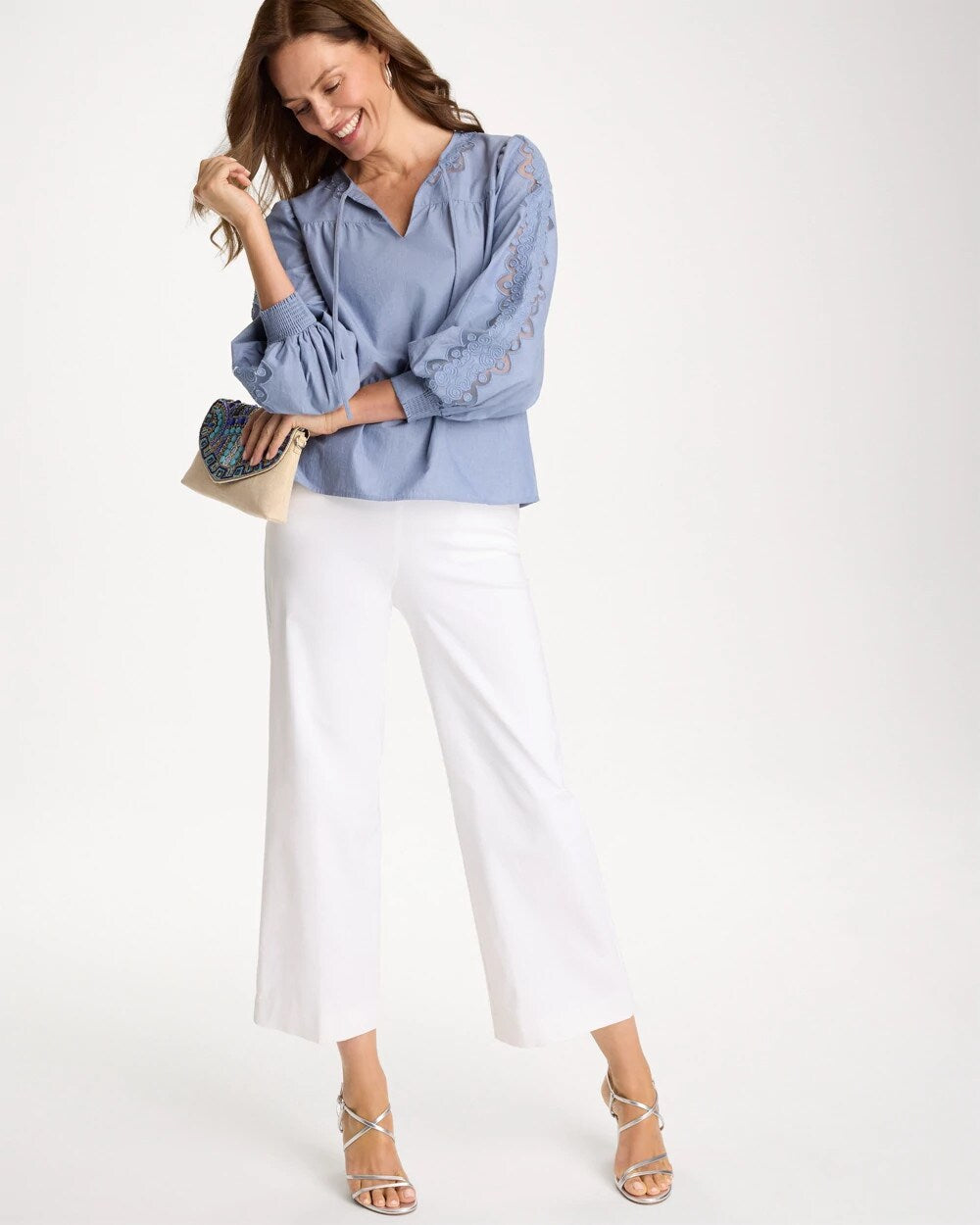 Chambray Lace Tie-Front Blouse