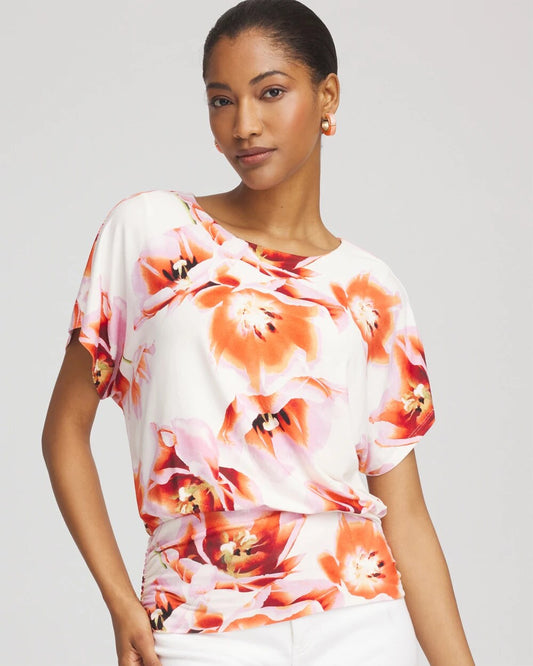 Touch of Cool Tropical Ruched Banded Hem Top