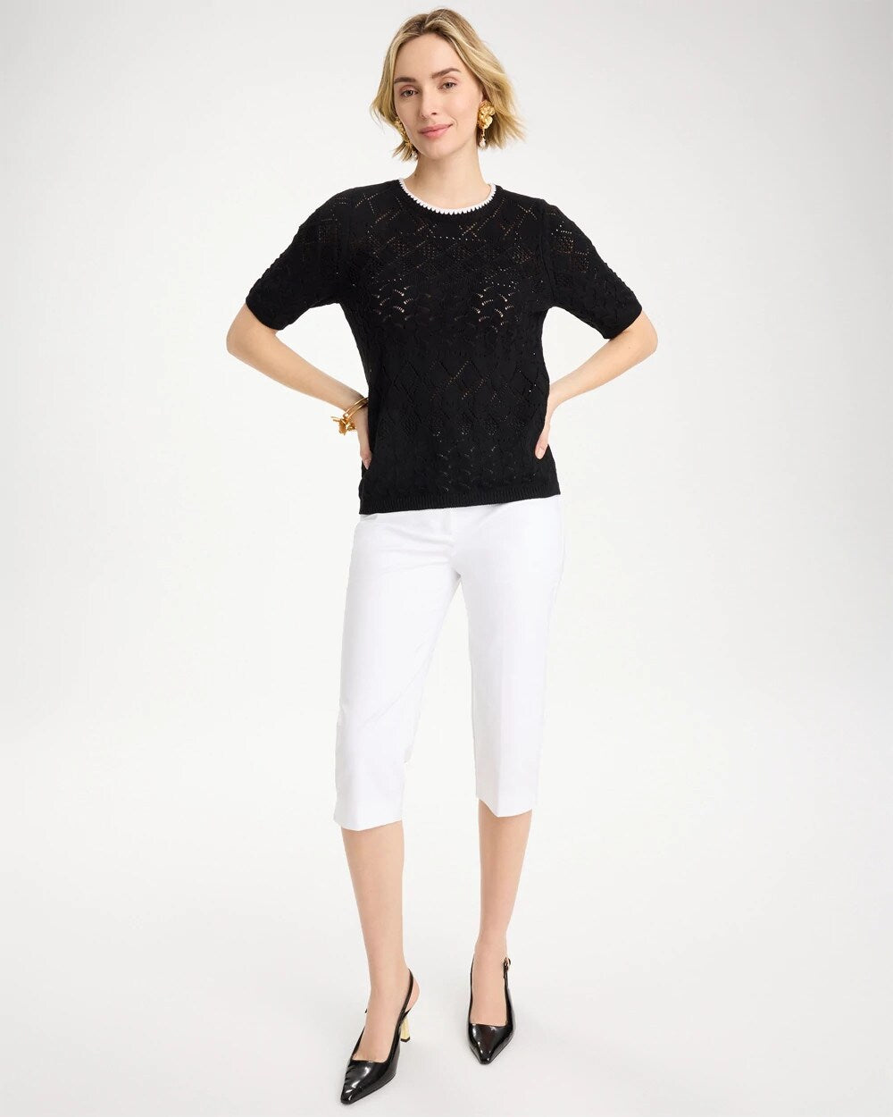Pointelle Blanket-Stitch Pullover Sweater