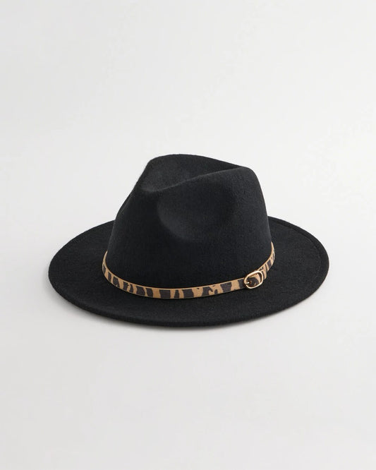 Animal-Print-Trim Wool Felt Fedora Hat
