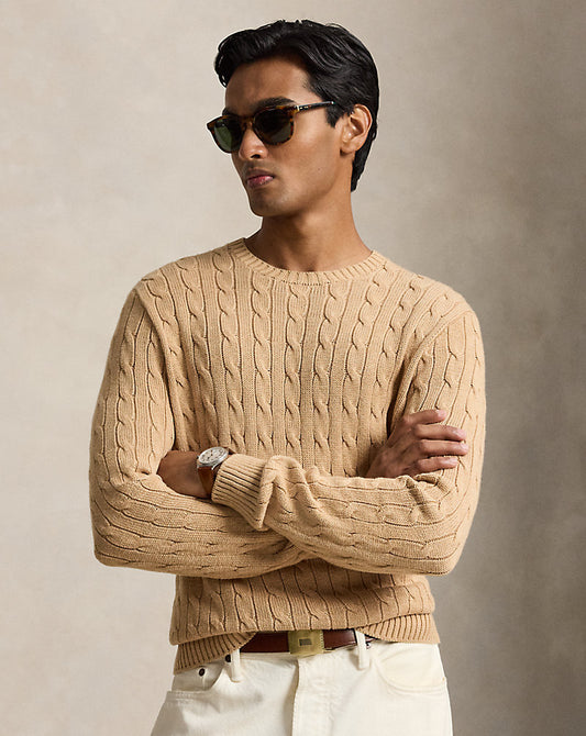 Cable-Knit Cotton Crewneck Jumper Camel Melange